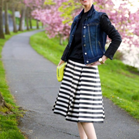 Halogen Pleated Midi Skirt Black Brown Stripe - Picture 1 of 10